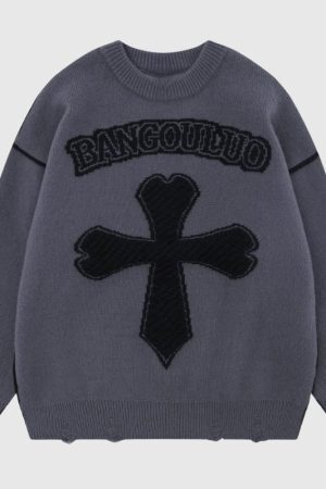 Style Core Aesthetics, New Style Trends Vintage Cross Pattern Embroidered Sweater