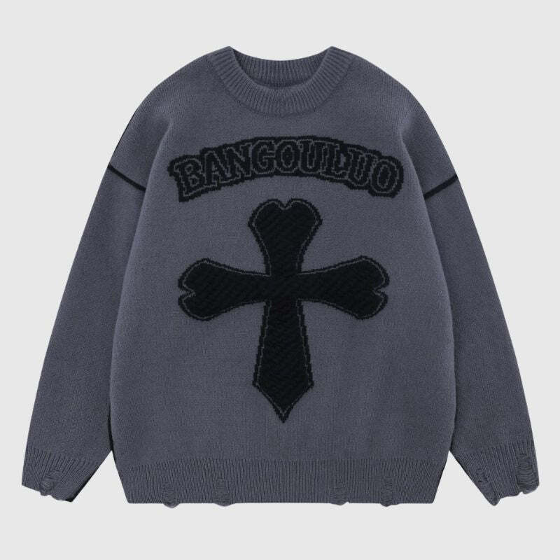 Style Core Aesthetics, New Style Trends Vintage Cross Pattern Embroidered Sweater Style Core Aesthetics, New Style Trends Vintage Cross Pattern Embroidered Sweater