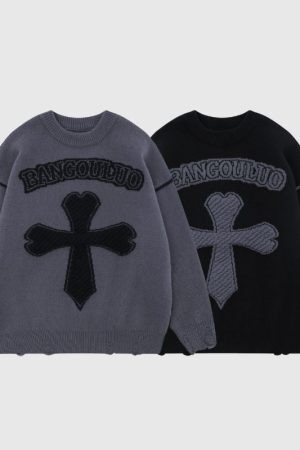 Style Core Aesthetics, New Style Trends Vintage Cross Pattern Embroidered Sweater