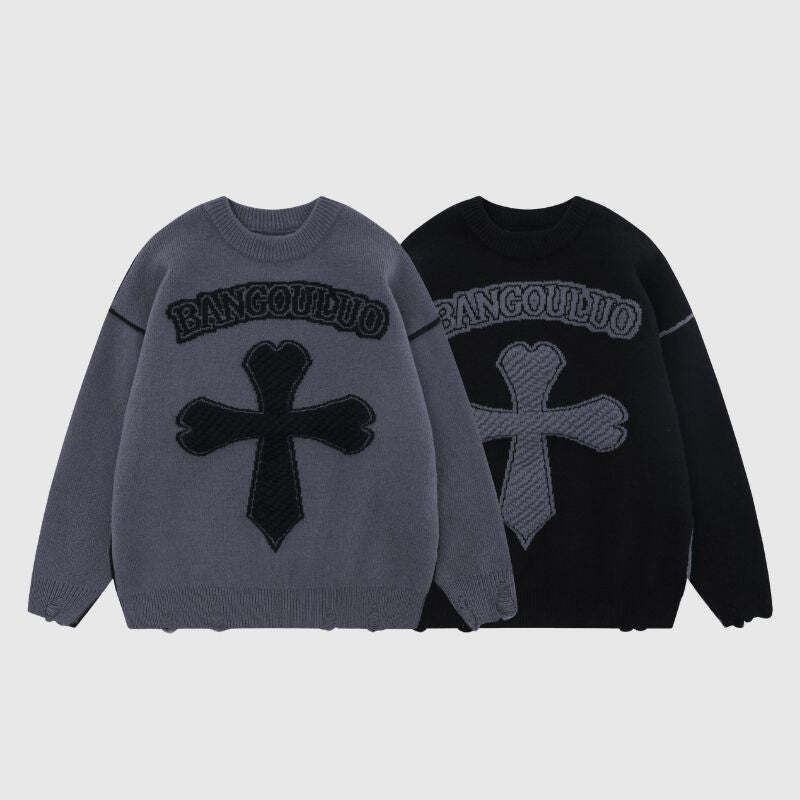 Style Core Aesthetics, New Style Trends Vintage Cross Pattern Embroidered Sweater Style Core Aesthetics, New Style Trends Vintage Cross Pattern Embroidered Sweater