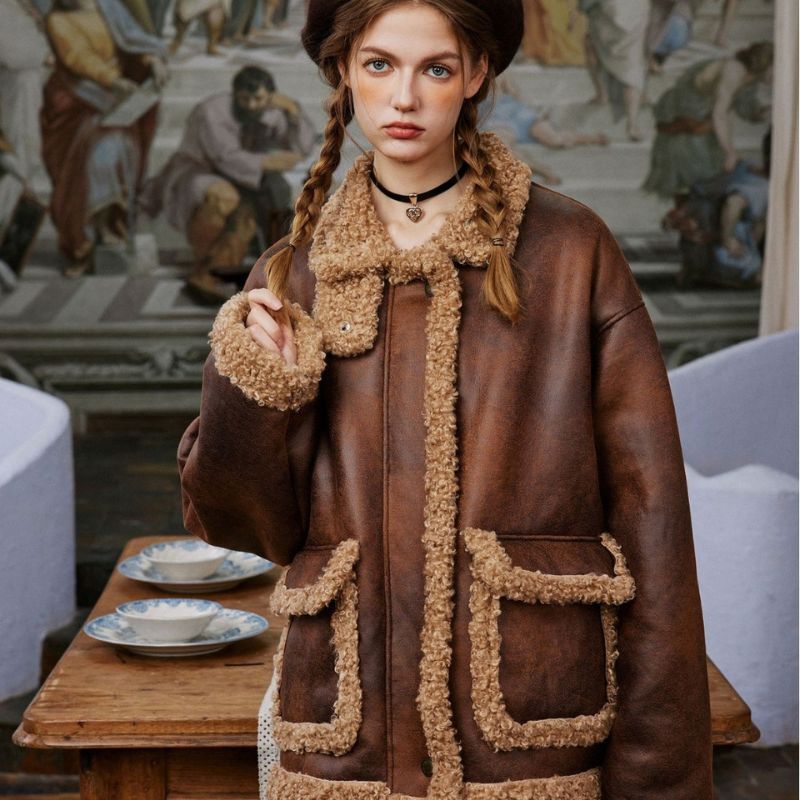 Style Core Aesthetics, New Style Trends Vintage Faux Shearling PU Leather Motorcycle Coat Style Core Aesthetics, New Style Trends Vintage Faux Shearling PU Leather Motorcycle Coat