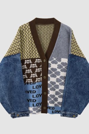 Style Core Aesthetics, New Style Trends Vintage Patchwork Denim Cardigan Sweater