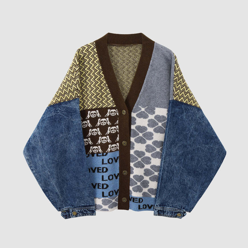 Style Core Aesthetics, New Style Trends Vintage Patchwork Denim Cardigan Sweater