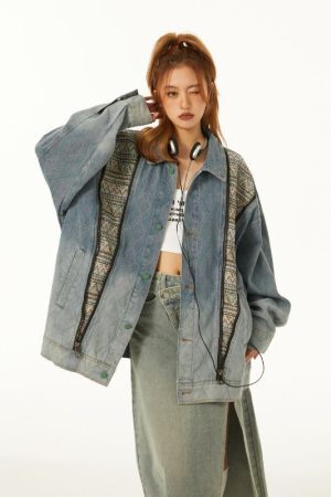 Style Core Aesthetics, New Style Trends Vintage Patchwork Denim Contrast Jacket