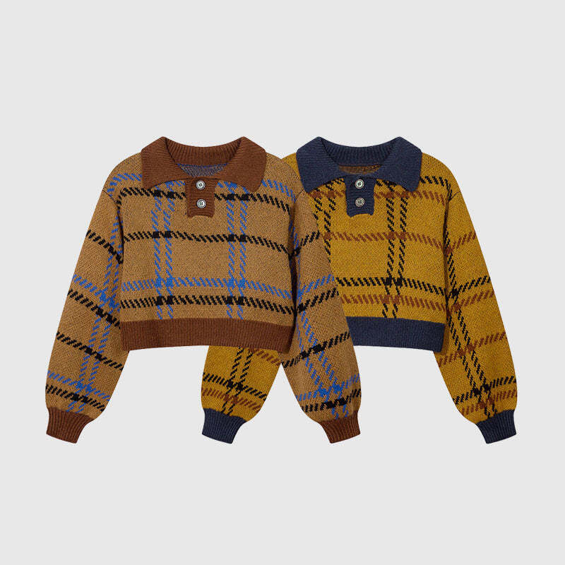 Style Core Aesthetics, New Style Trends Vintage Plaid Knit Crop Top Style Core Aesthetics, New Style Trends Vintage Plaid Knit Crop Top