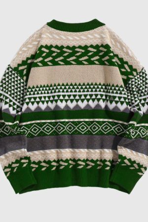 Style Core Aesthetics, New Style Trends Vintage Round Neck Diamond Pattern Sweater