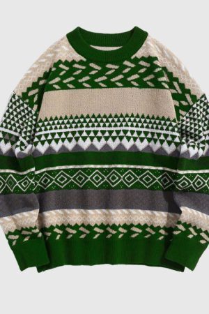 Style Core Aesthetics, New Style Trends Vintage Round Neck Diamond Pattern Sweater