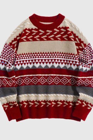 Style Core Aesthetics, New Style Trends Vintage Round Neck Diamond Pattern Sweater