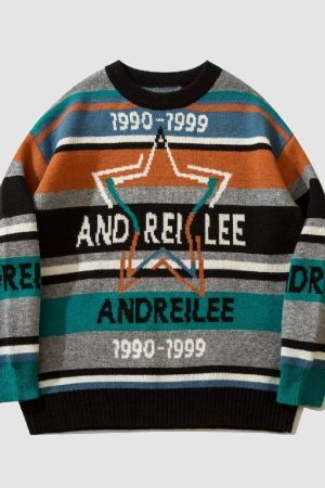 Style Core Aesthetics, New Style Trends Vintage Star Print Striped Sweater