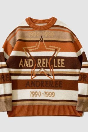 Style Core Aesthetics, New Style Trends Vintage Star Print Striped Sweater