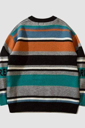 Style Core Aesthetics, New Style Trends Vintage Star Print Striped Sweater