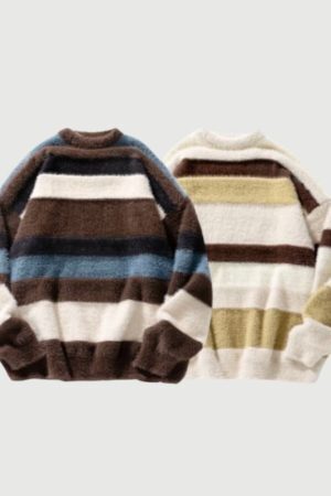 Style Core Aesthetics, New Style Trends Vintage Striped Round Neck Knit Sweater