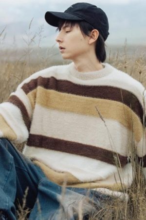 Style Core Aesthetics, New Style Trends Vintage Striped Round Neck Knit Sweater