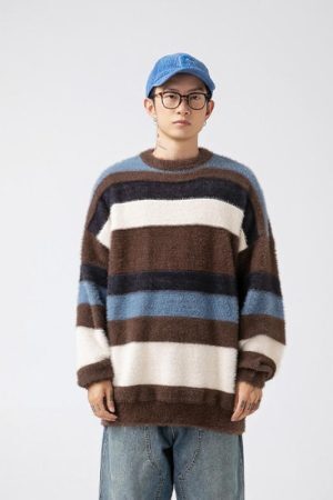 Style Core Aesthetics, New Style Trends Vintage Striped Round Neck Knit Sweater