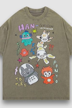 Style Core Aesthetics, New Style Trends Washed Distressed Anime Pinted Tee