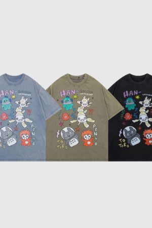 Style Core Aesthetics, New Style Trends Washed Distressed Anime Pinted Tee