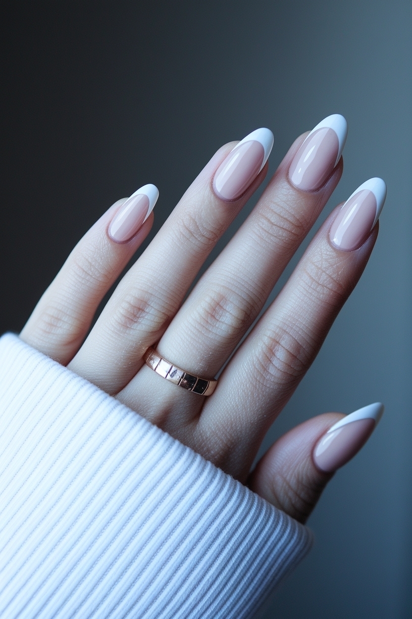 Classic Appeal of White Almond French Tip Nails outfit idea