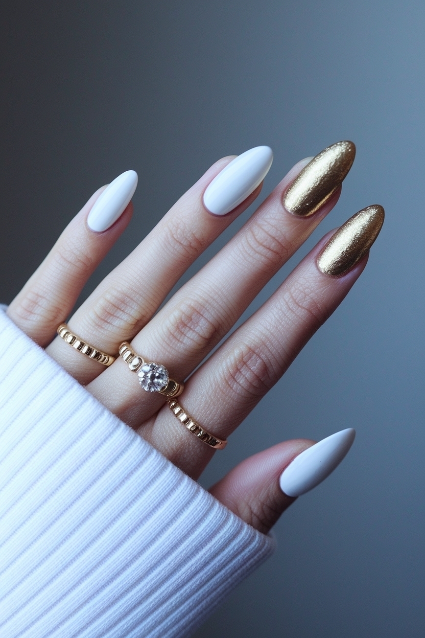 White and Gold Almond Nails for a Classy Finish outfit idea