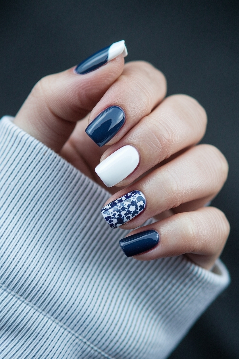 Stylish White and Navy Blue Nails for a Classic Combo outfit idea