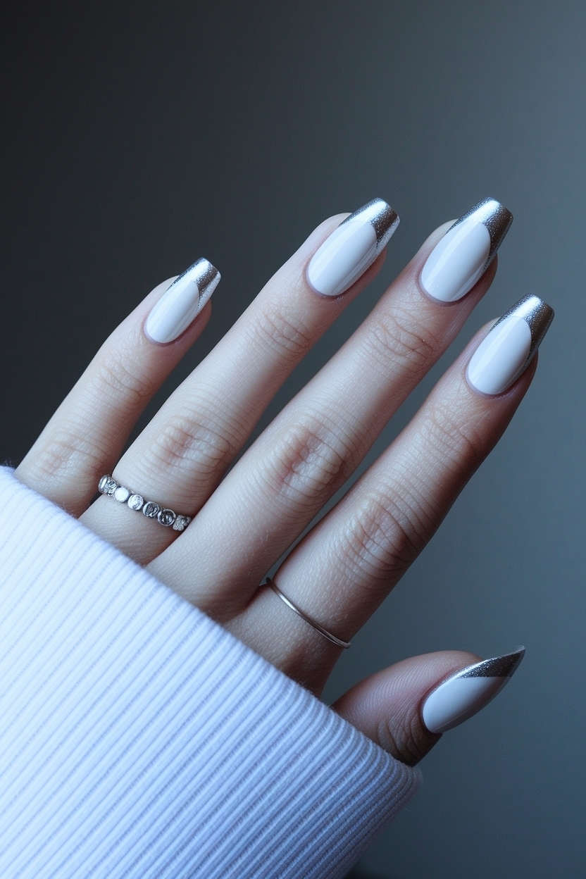 White and Silver French Tip Nails: Sleek and Sophisticated Look outfit idea