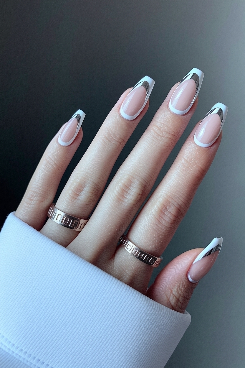 Classic White Chrome French Tip Nails for Timeless Appeal outfit idea
