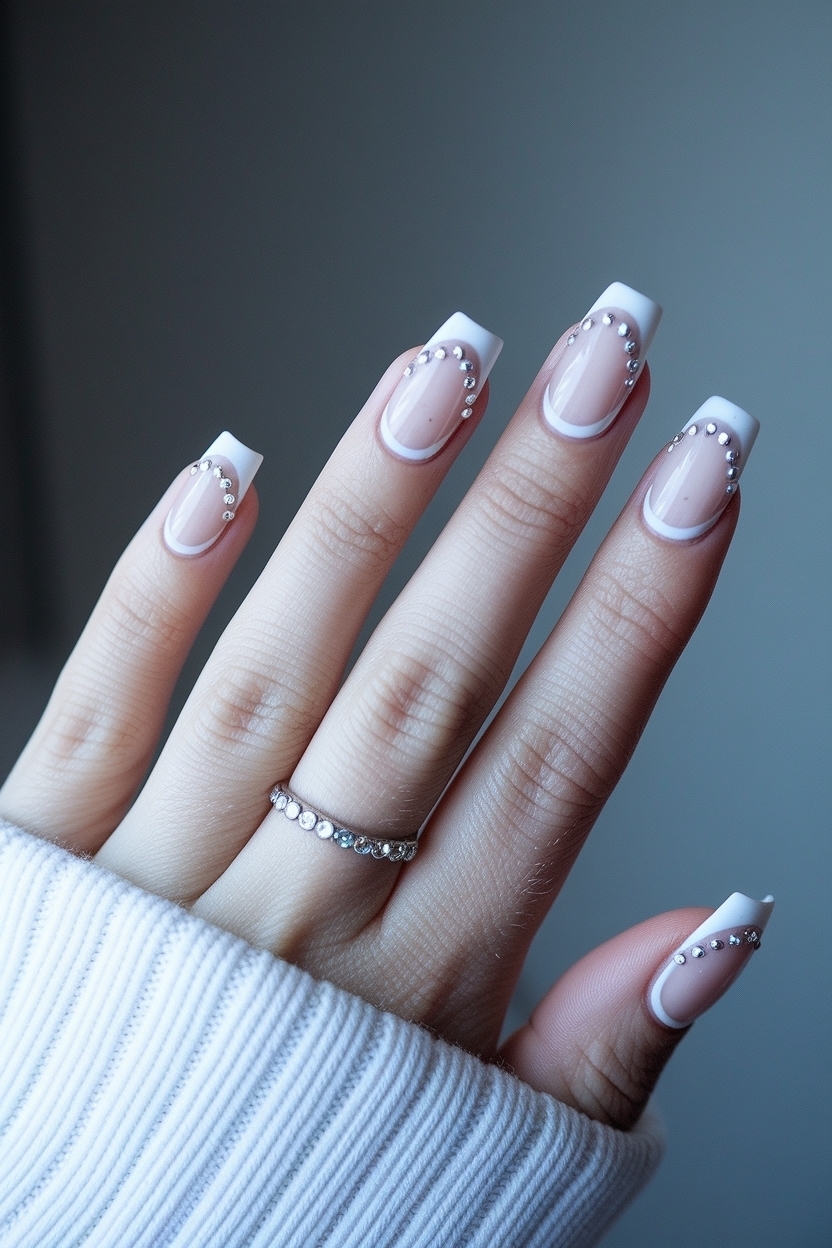 White French Tip Nails with Rhinestones: Classic Beauty outfit idea