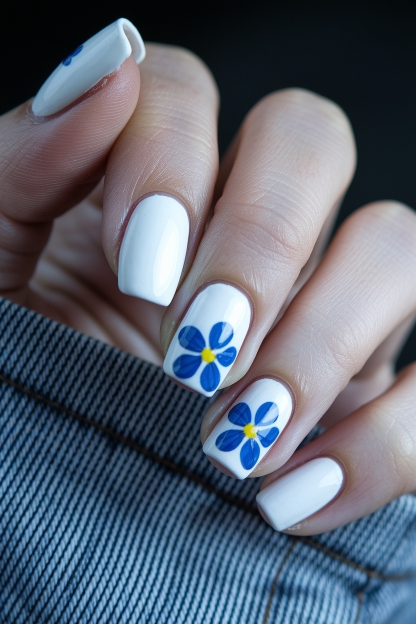 Delicate White Nails with Blue Flowers for a Feminine Touch outfit idea