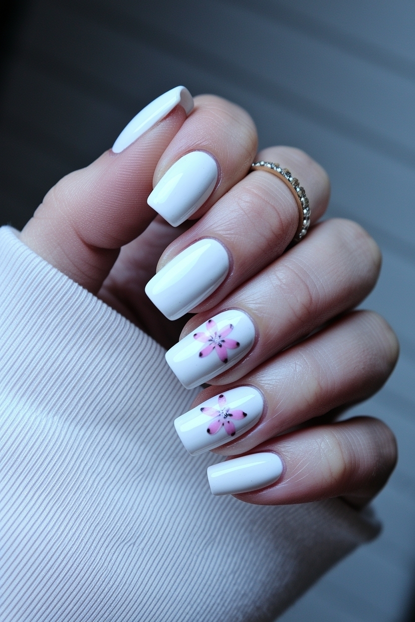 White Nails with Flower Design: Nature-Inspired Art outfit idea