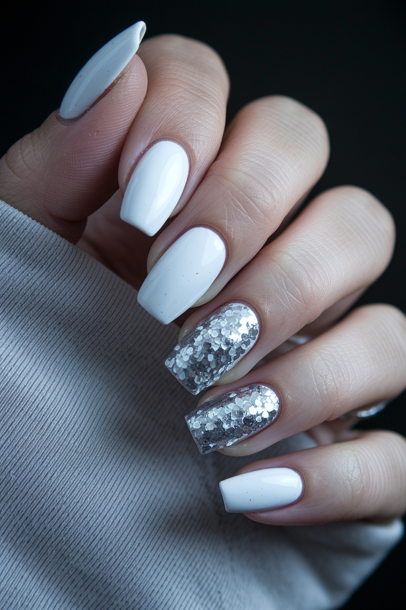White Nails with Silver Glitter: Fresh and Stylish Options outfit idea
